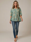 Casual Floral Embroidered Drawstring Hem Top in Sage Green - Round Neck Button Placket Top