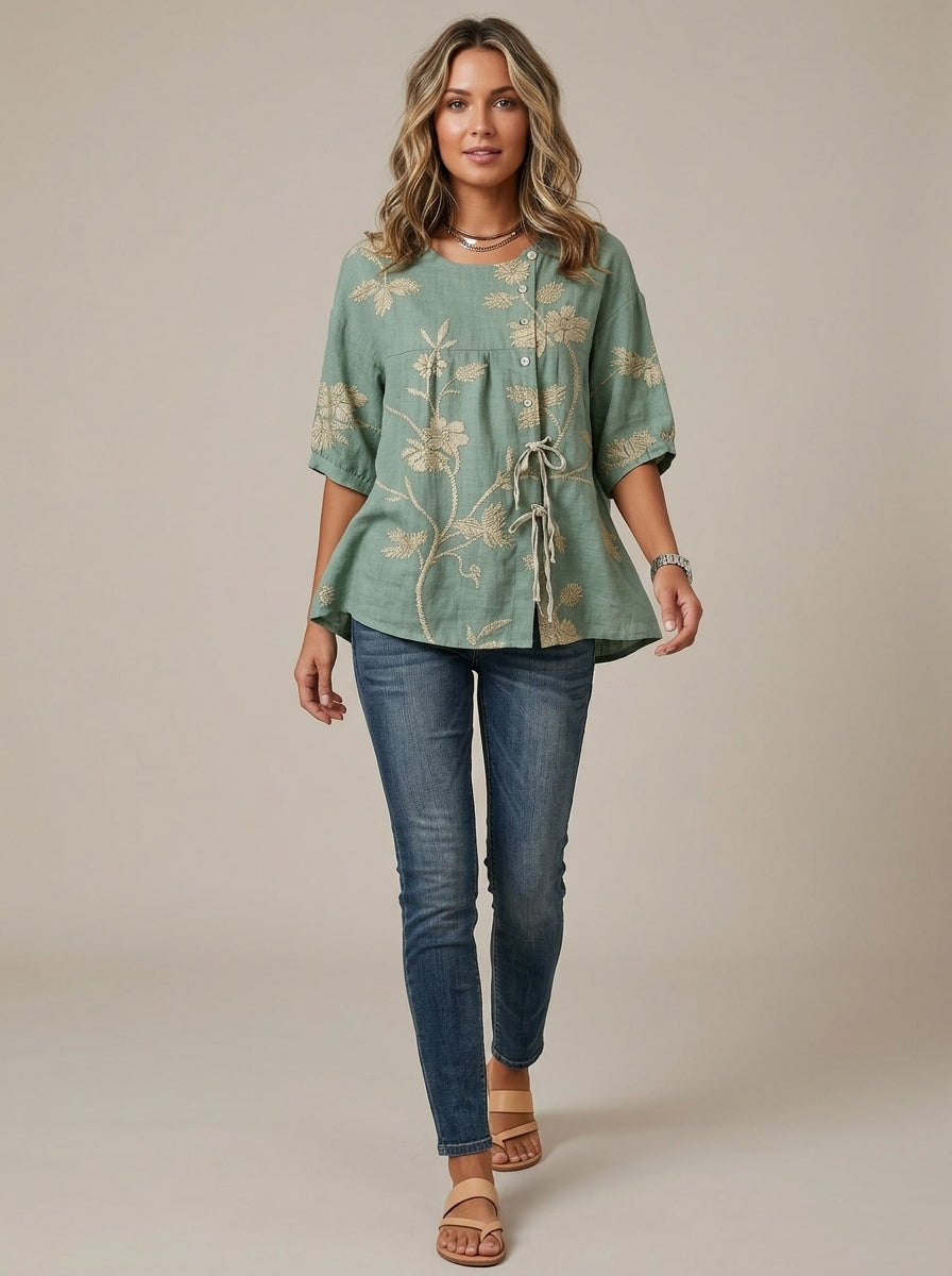 Casual Floral Embroidered Drawstring Hem Top in Sage Green - Round Neck Button Placket Top