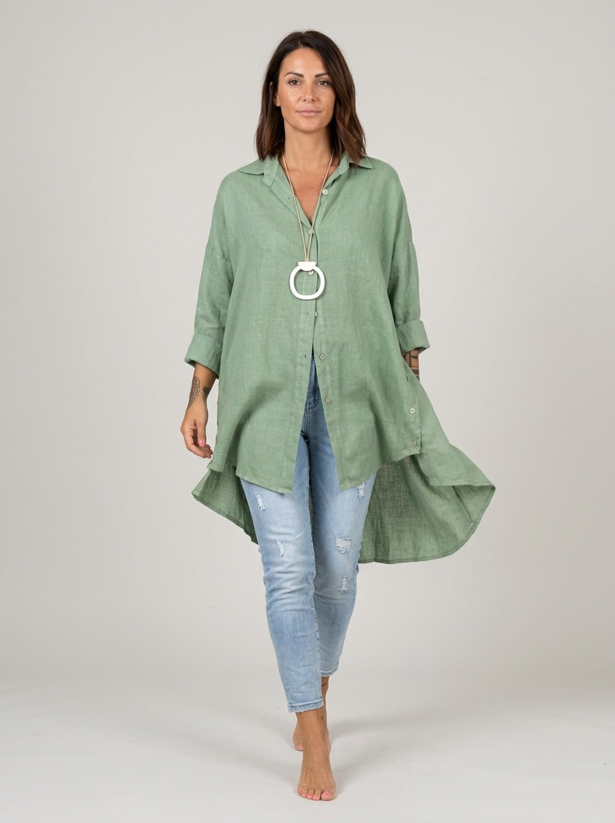 Casual Cotton Blend Shirt - Green Relaxed Long Sleeve Button-Up Top