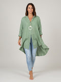 Casual Cotton Blend Shirt - Green Relaxed Long Sleeve Button-Up Top