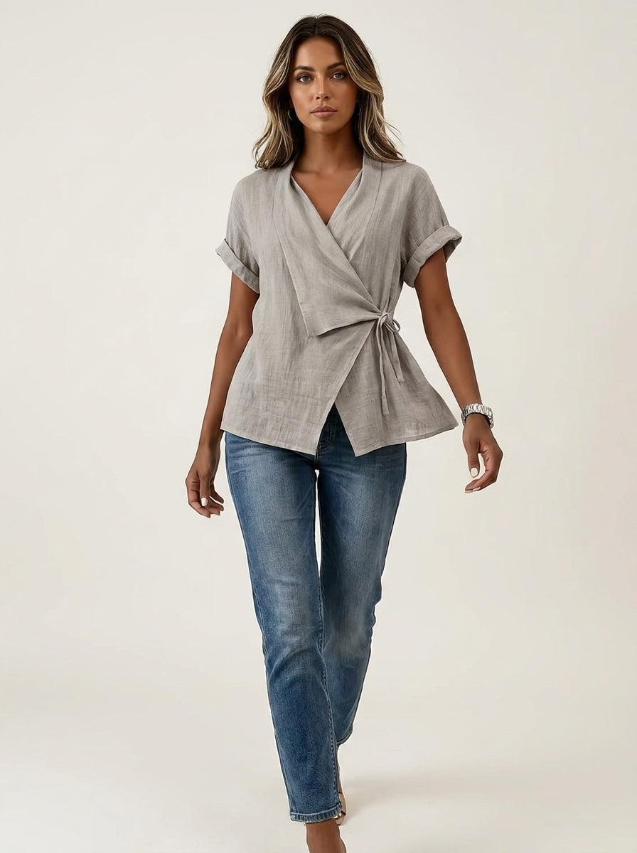 Wrap Front Tie-Waist Top - V-Neck Short Sleeve Blouse