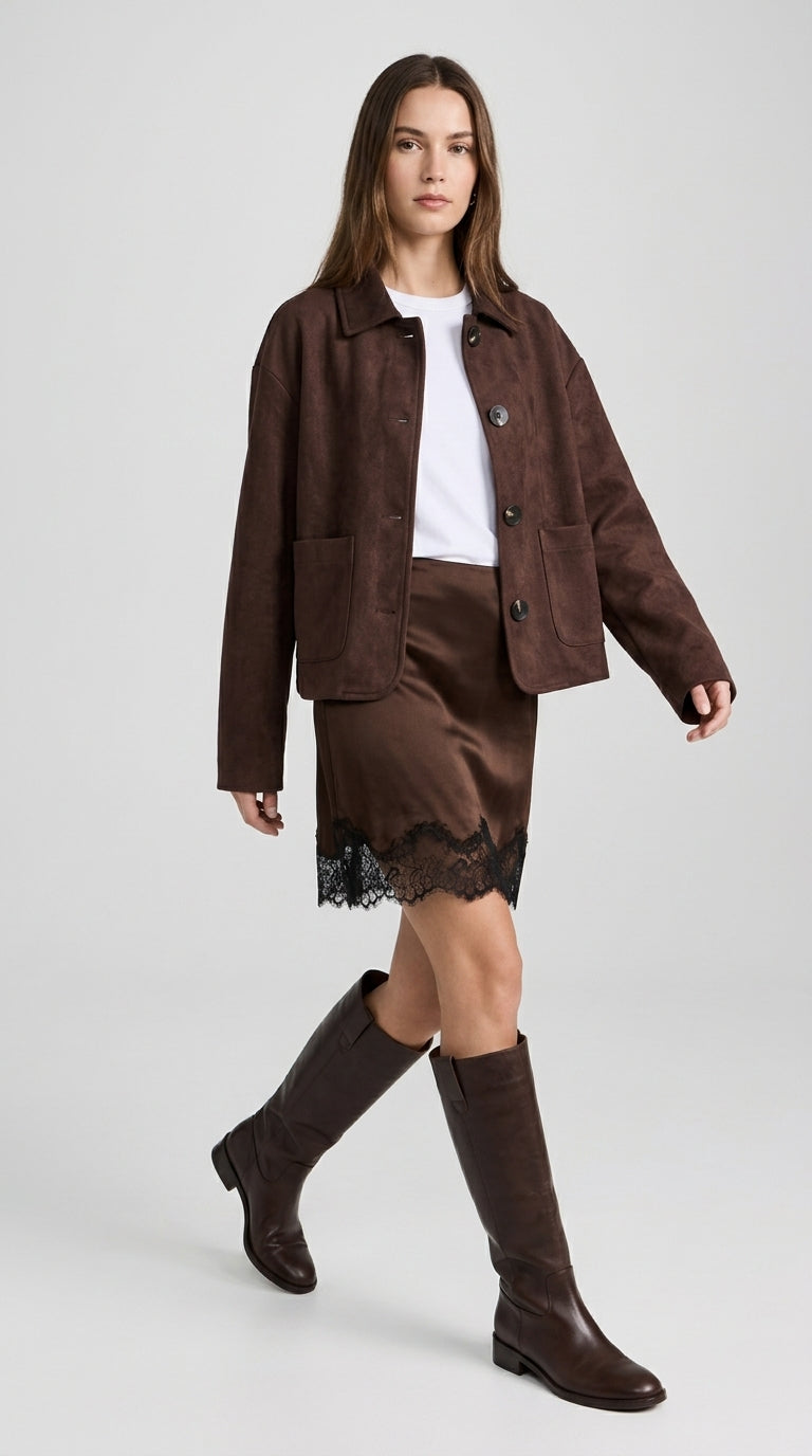 Dark Chocolate Suede Jacket - Button-Up Faux Suede Shirt Jacket