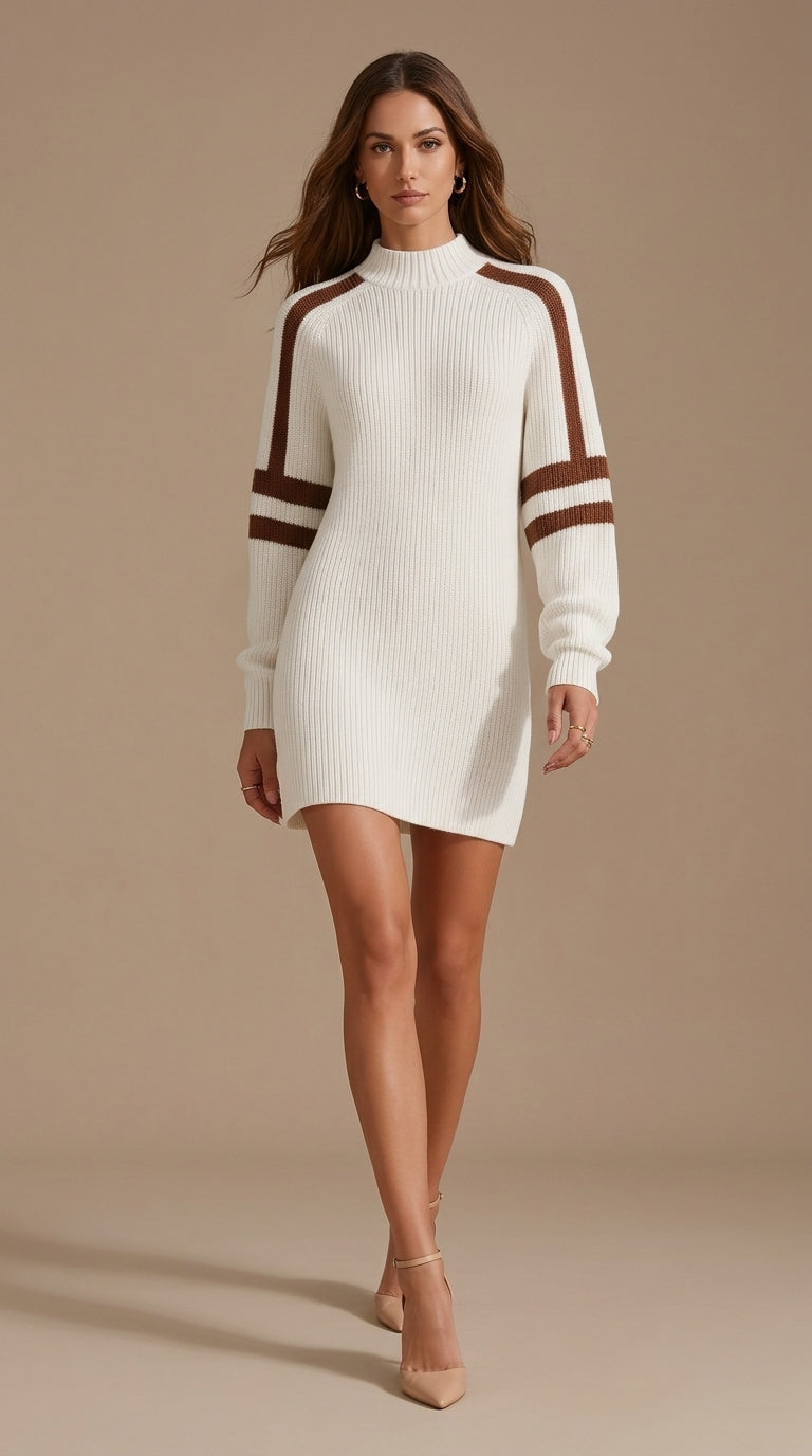 Resort-Style Mid-Neck Long-Sleeved Color-Blocked Striped Mini Dress - Rib Knit Sweater Dress