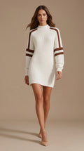 Resort-Style Mid-Neck Long-Sleeved Color-Blocked Striped Mini Dress - Rib Knit Sweater Dress