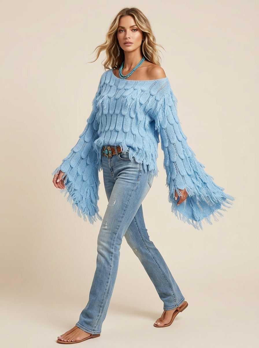Boho Feather-shaped Bell-sleeve Knit Pullover - Sky Blue Off-Shoulder Fringe Knit Sweater