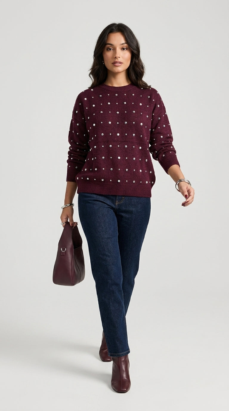 Sabrina Studded Sweater in Burgundy - Crew Neck Pearl-Embellished Knit