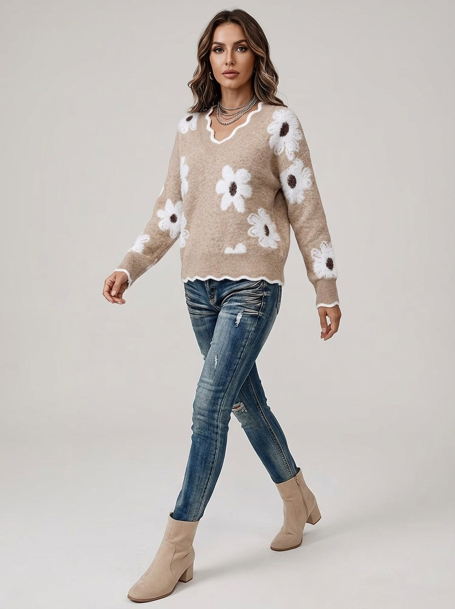 Fuzzy Daisy Print Knit Sweater - Beige Scalloped V-Neck Floral Pullover