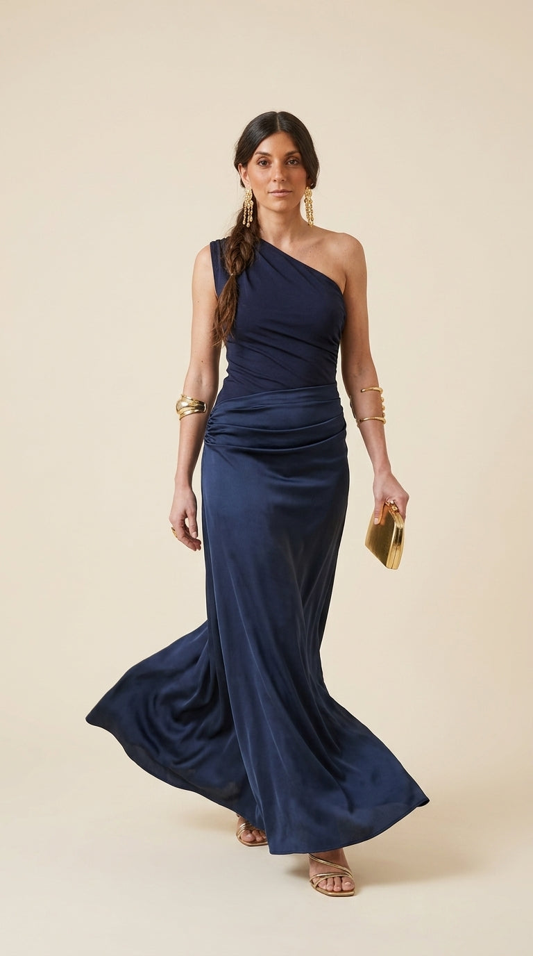 Amira Dress in Navy Blue - One-Shoulder Ruched Maxi Dress
