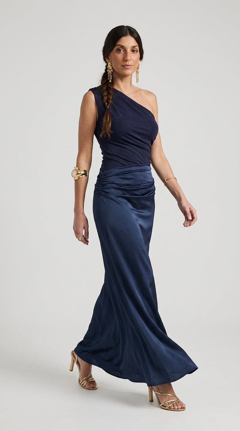 Amira Dress in Navy Blue - One-Shoulder Ruched Maxi Dress