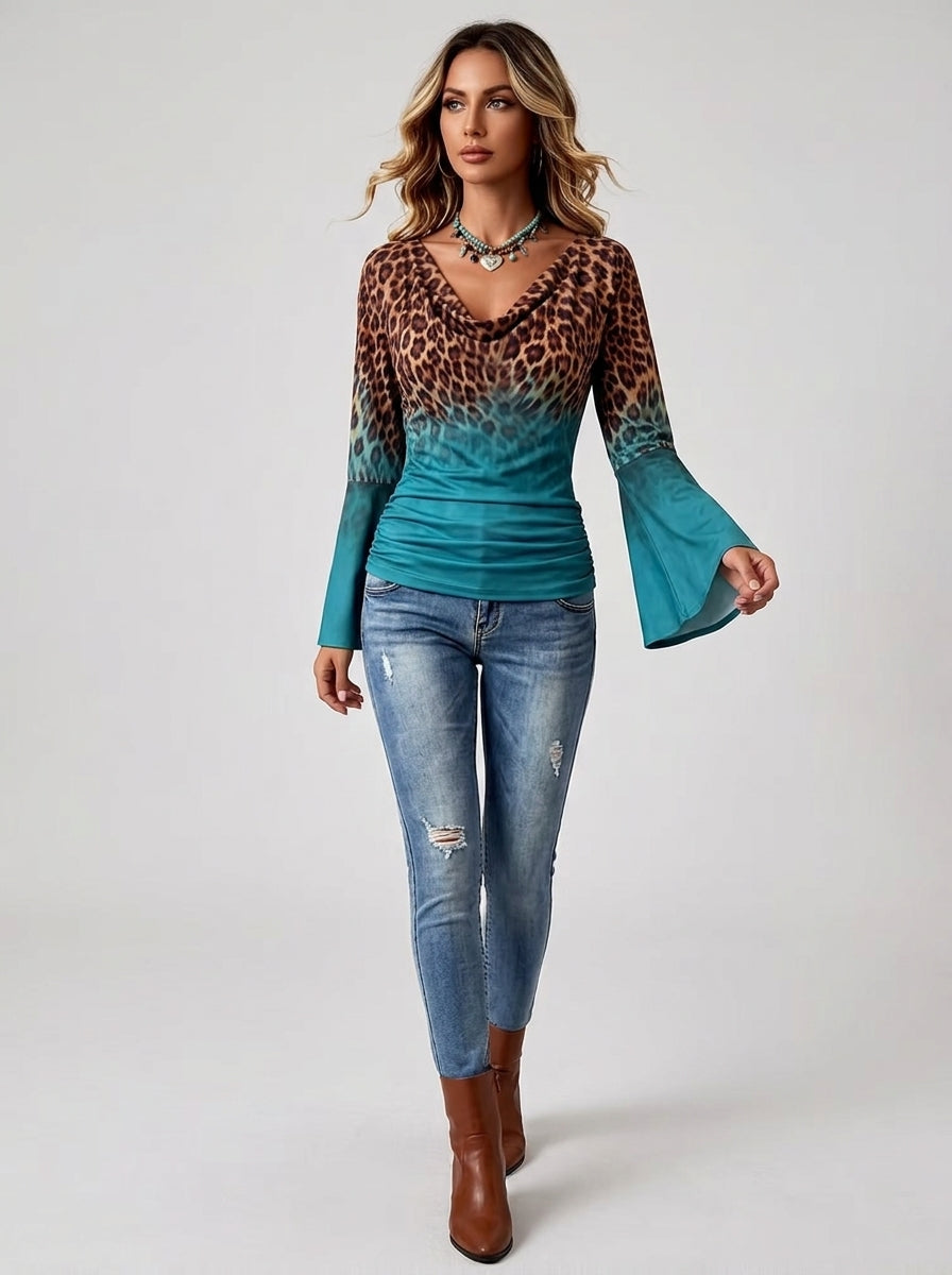 Leopard Print Ombre Cowl Neck Top - Teal Bell Sleeve Blouse