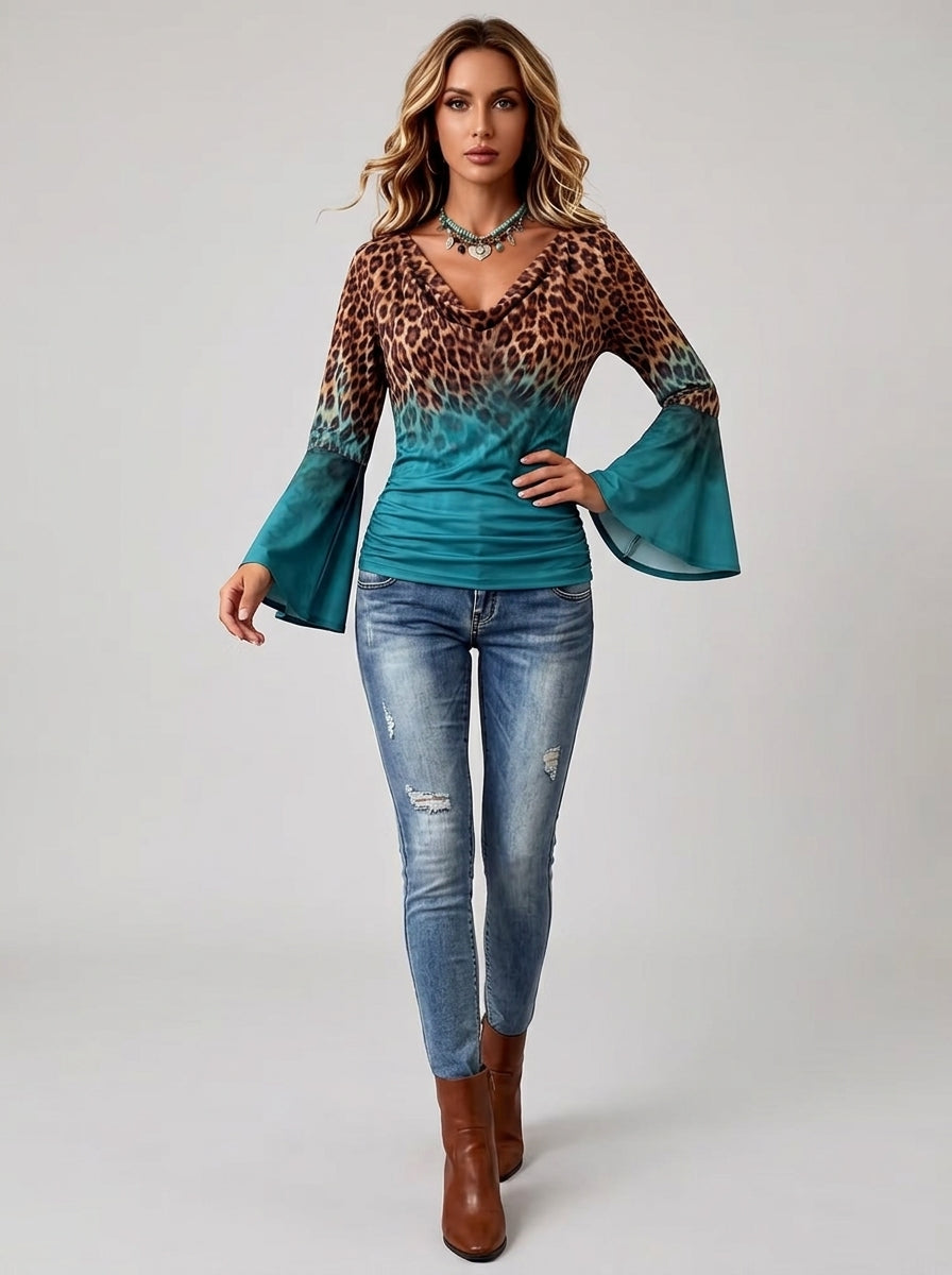 Leopard Print Ombre Cowl Neck Top - Teal Bell Sleeve Blouse
