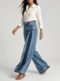Color-Block Patchwork Wide-Leg Jeans - High-Waist Contrast Denim Pants