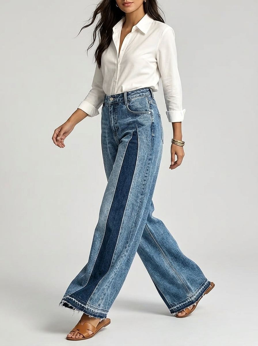 Color-Block Patchwork Wide-Leg Jeans - High-Waist Contrast Denim Pants