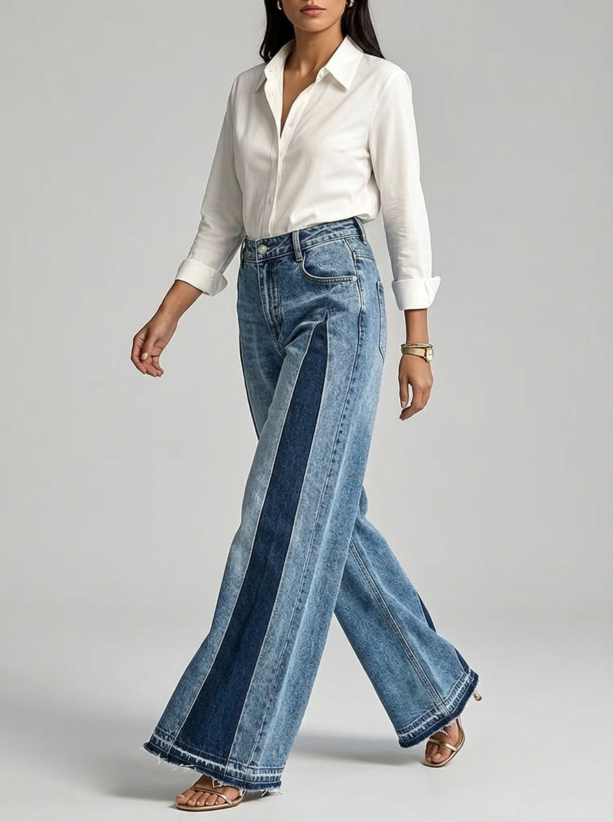 Color-Block Patchwork Wide-Leg Jeans - High-Waist Contrast Denim Pants