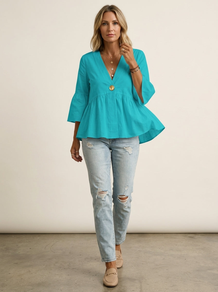 Casual Relaxed V-Neck Peplum Top in Turquoise - Bell Sleeve Single-Button Blouse