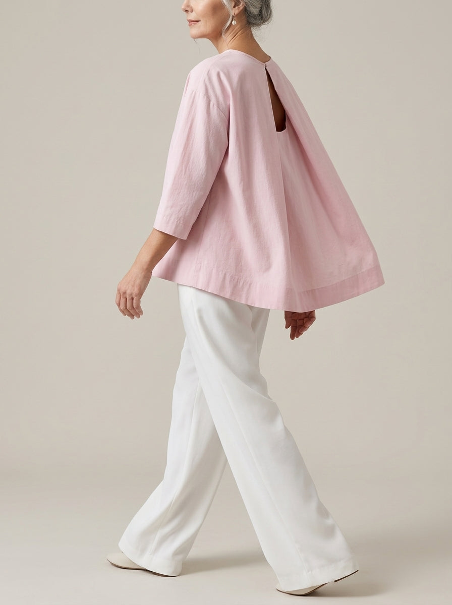 Elegant Cotton Open-Back Blouse in Blush Pink - Round Neck Keyhole Cutout Top