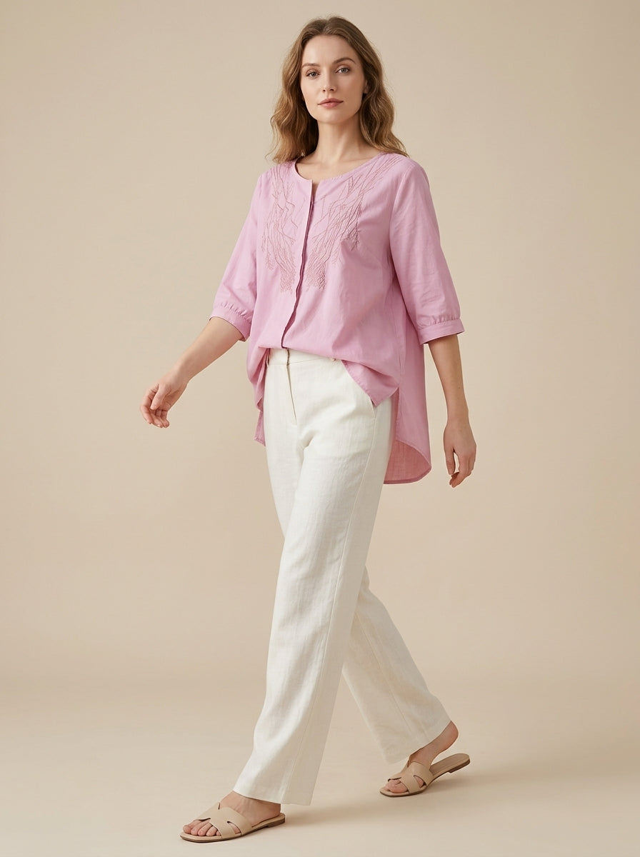 Versatile Embroidered Blouse - Pink V-Neck Half Sleeve Loose Top