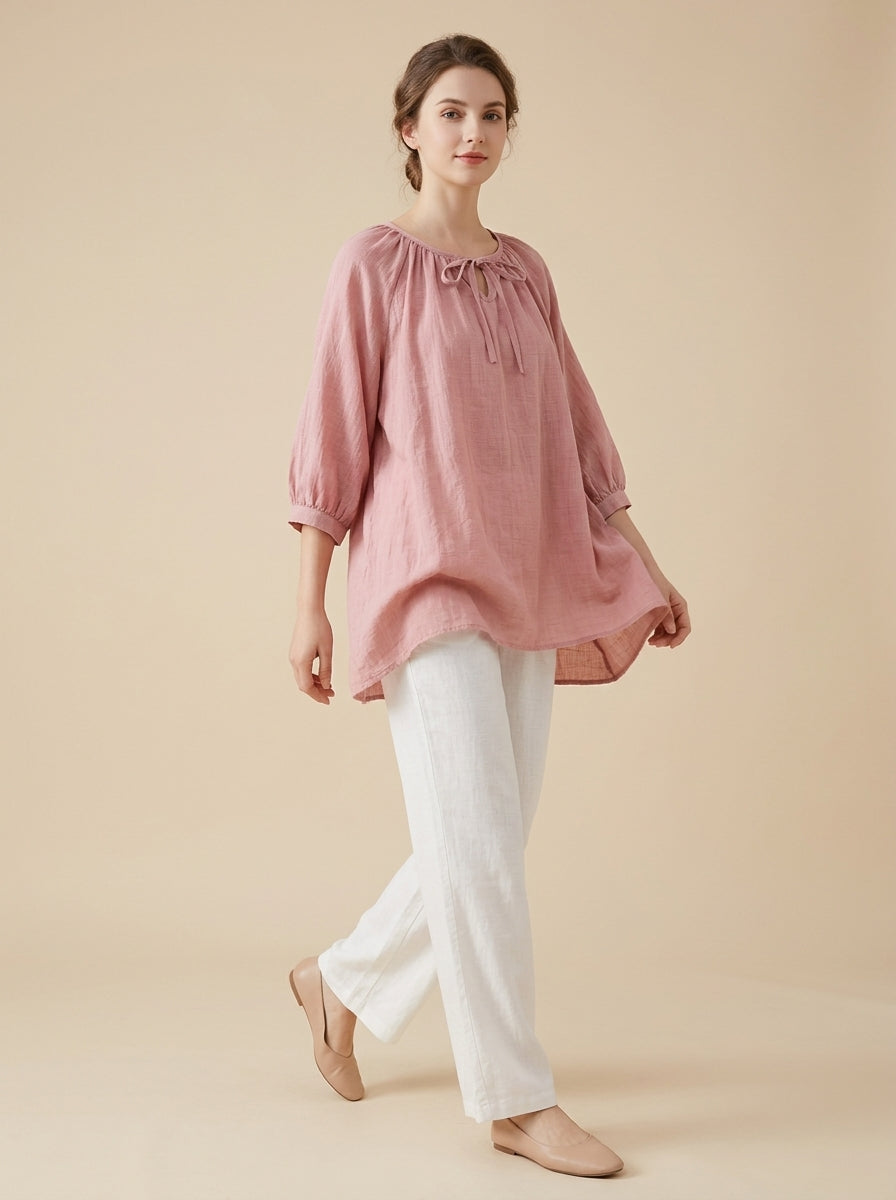 Loose Casual Cotton Blouse - Pink Tie-Neck 3/4 Sleeve Top