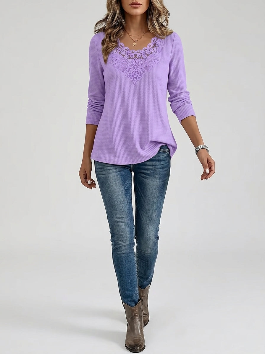 Lace Insert V-Neck Long Sleeve Top - Purple Scalloped Crochet Trim Blouse
