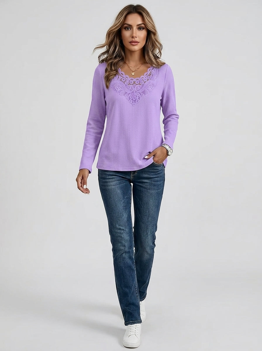 Lace Insert V-Neck Long Sleeve Top - Purple Scalloped Crochet Trim Blouse