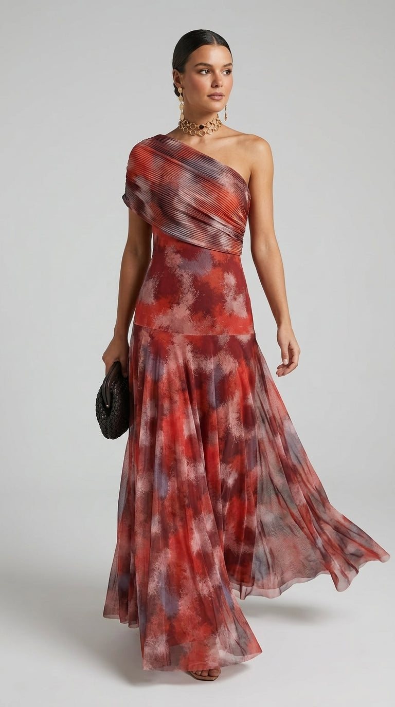 Toledo Dress Printed in Red - One-Shoulder Tie-Dye Maxi Dress