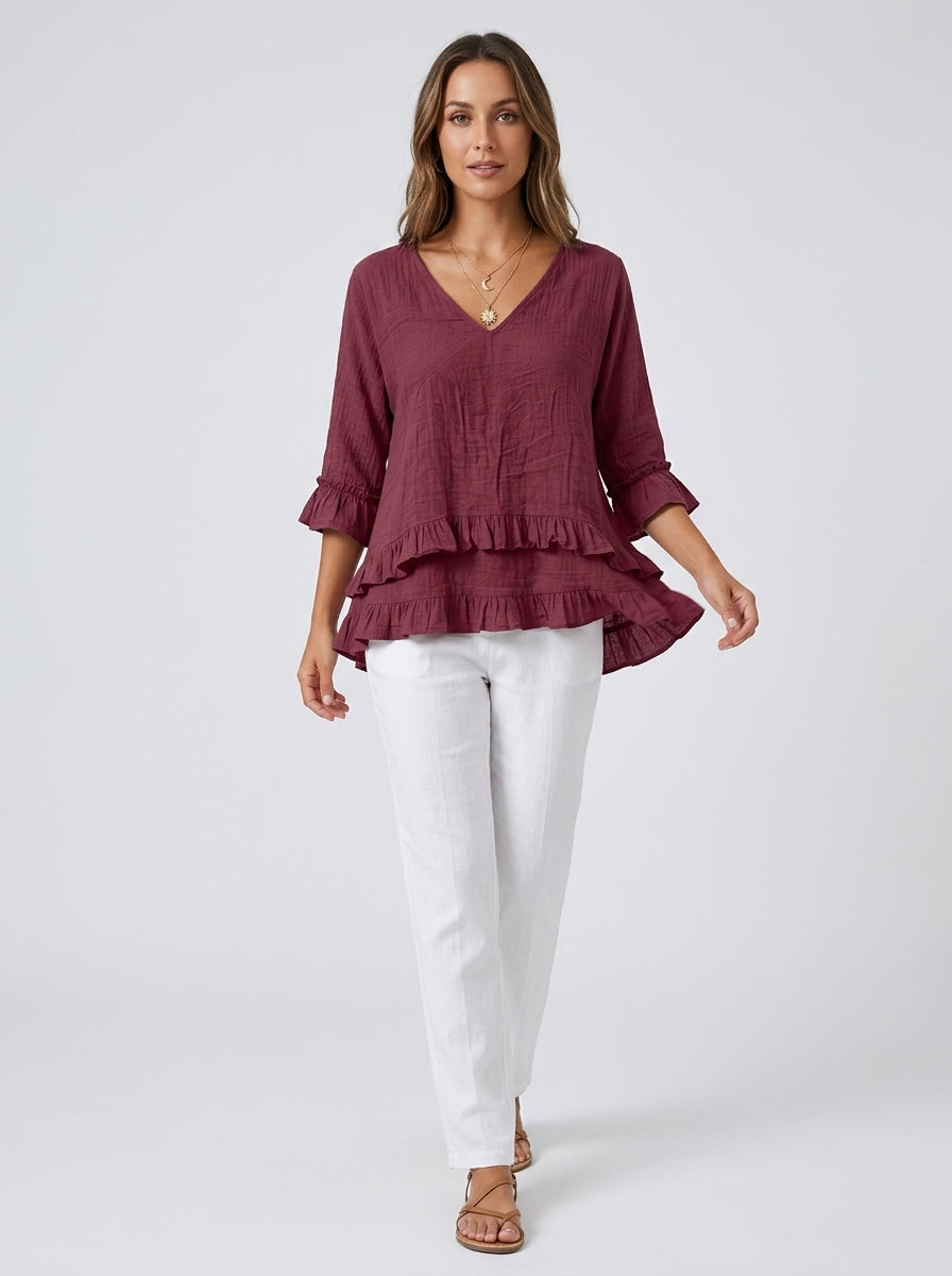 Casual Cotton Linen V-Neck Ruffle Blouse in Burgundy - 3/4 Sleeve Tiered Ruffle Hem Blouse