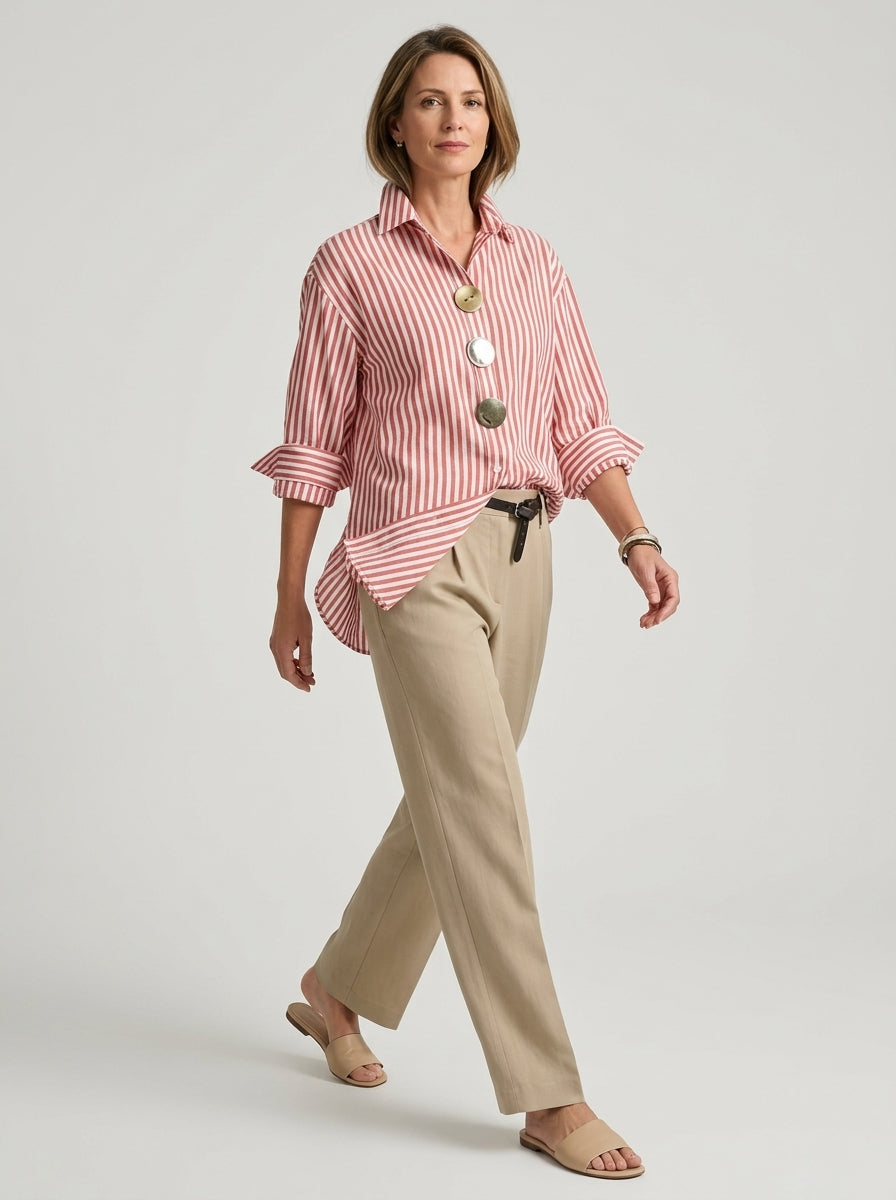 Elegant Cotton Linen Striped Shirt - Red White Metal Button Long Sleeve Top