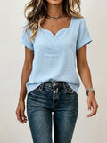 Sweetheart Neckline Short Sleeve Top - Solid Color Casual Blouse