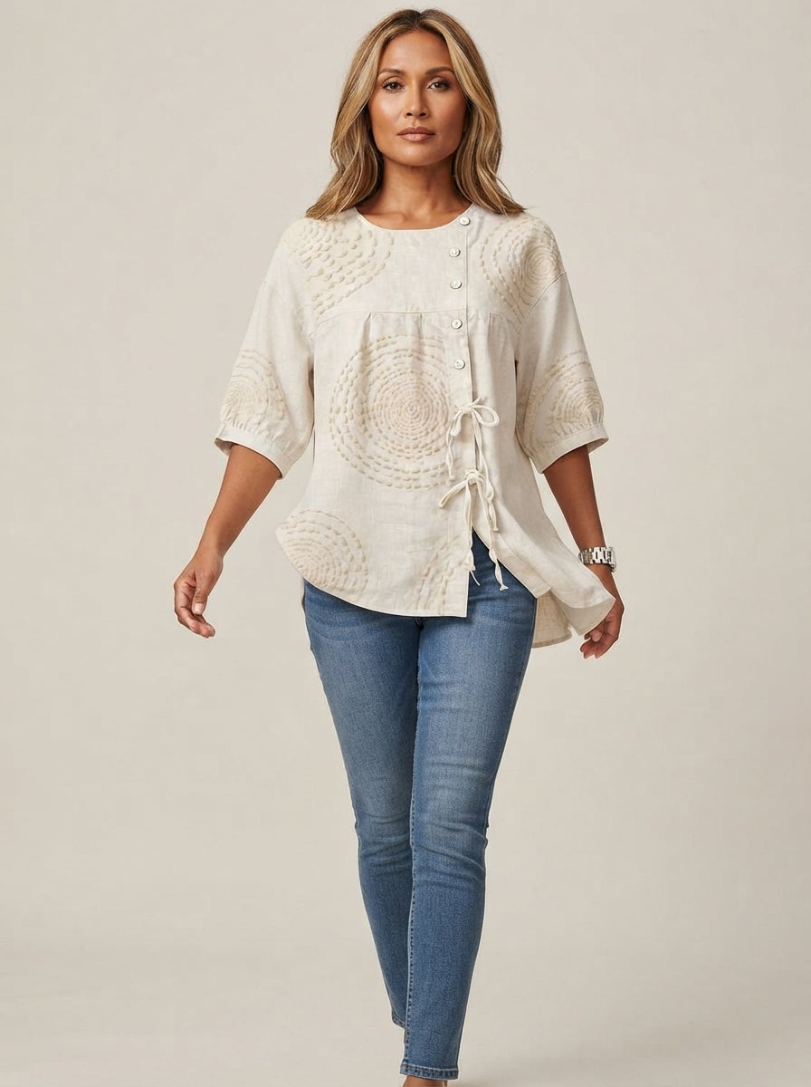 Cream Circle Print Blouse - Button Front Drawstring Hem Top