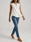 White Contrast Stitch Henley - Sleeveless Mandarin Collar Casual Top