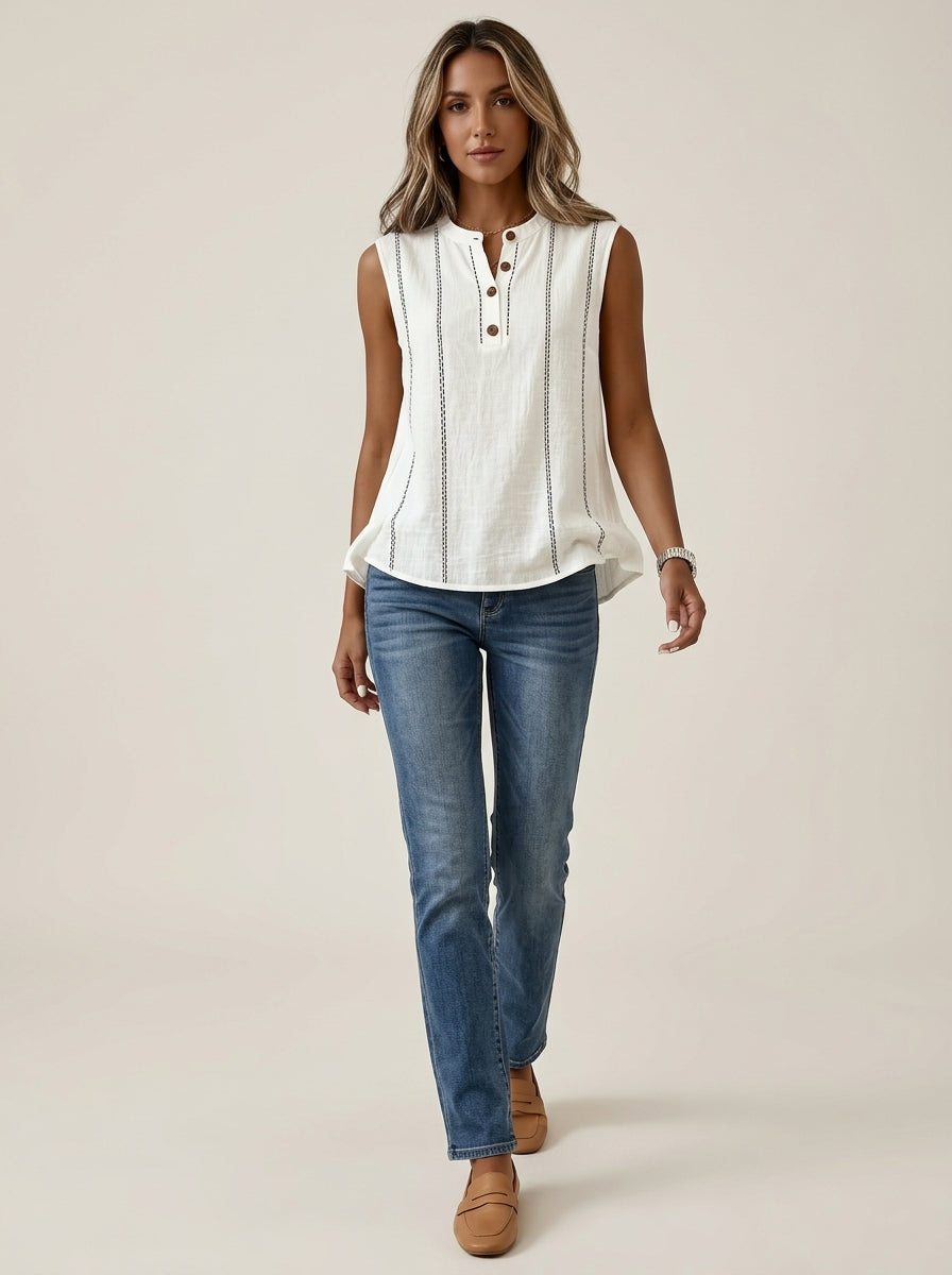 White Contrast Stitch Henley - Sleeveless Mandarin Collar Casual Top