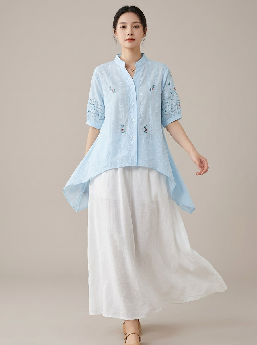 Vintage Embroidered Cotton Blouse - Blue Mandarin Collar Short Sleeve Top