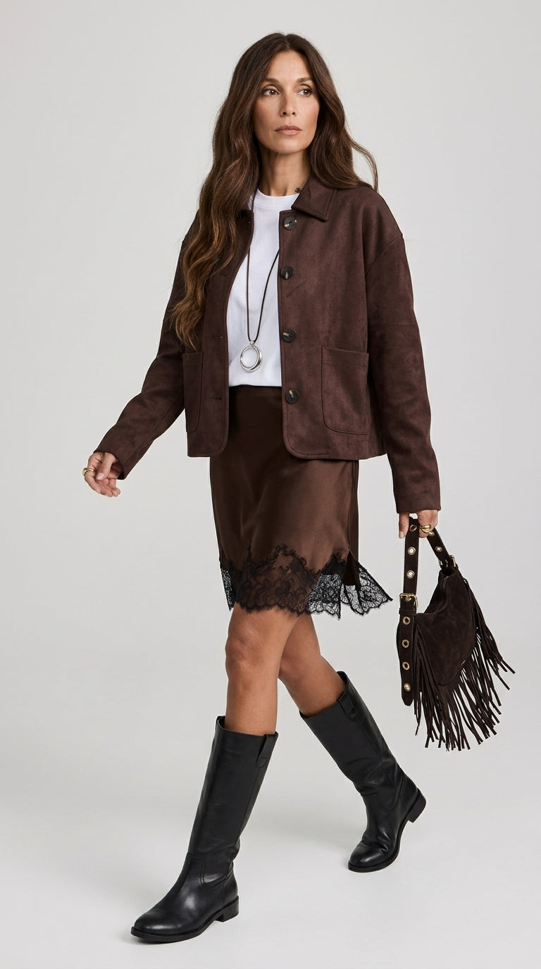 Dark Chocolate Suede Jacket - Button-Up Faux Suede Shirt Jacket