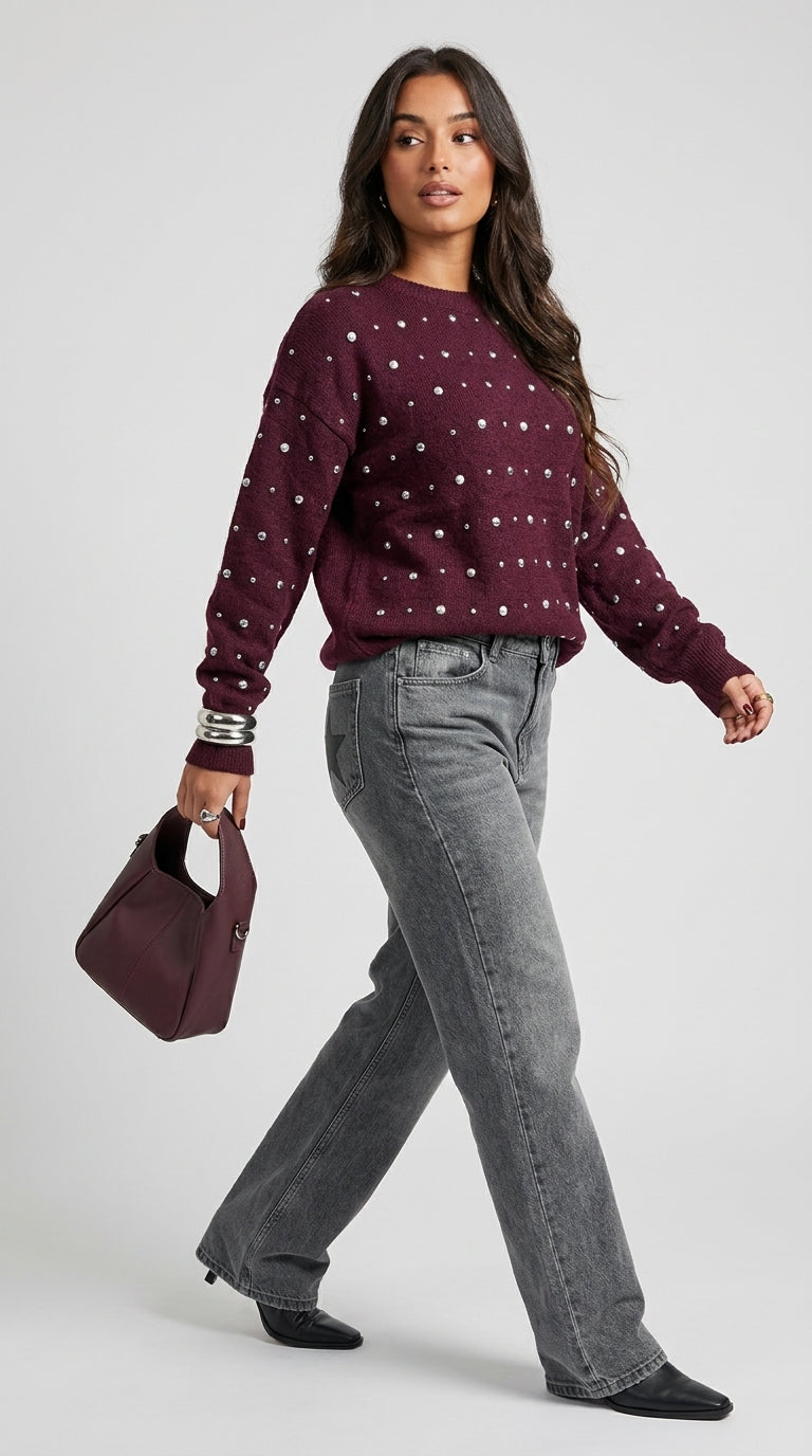 Sabrina Studded Sweater in Burgundy - Crew Neck Pearl-Embellished Knit