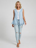 Blue Crochet Trim Button Vest - Sleeveless Linen Cotton Cardigan