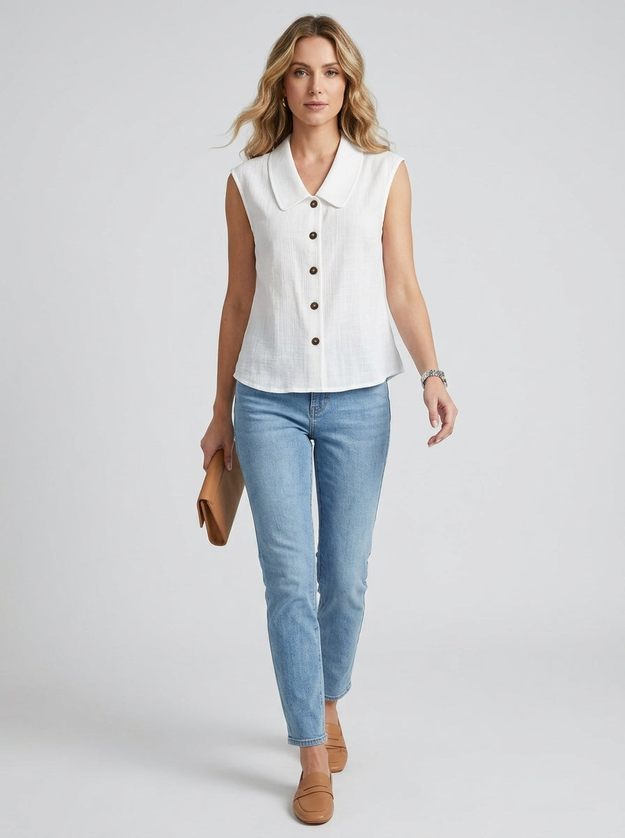 Casual Solid Color Sleeveless Collared Shirt in White - Notched Collar Button-Up Top