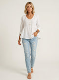 White Linen Cotton Blend Shirt - Round Neck Button-Up Peplum Top