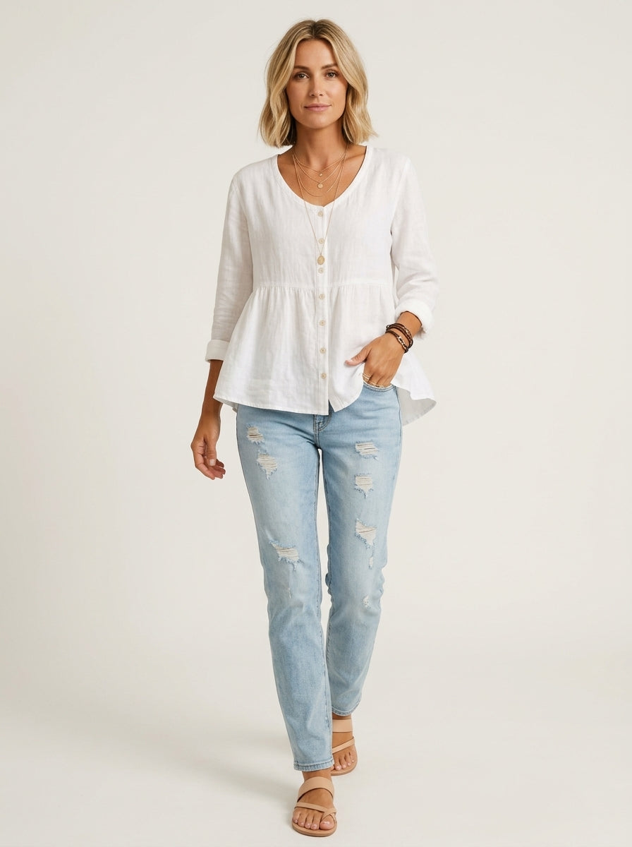 White Linen Cotton Blend Shirt - Round Neck Button-Up Peplum Top