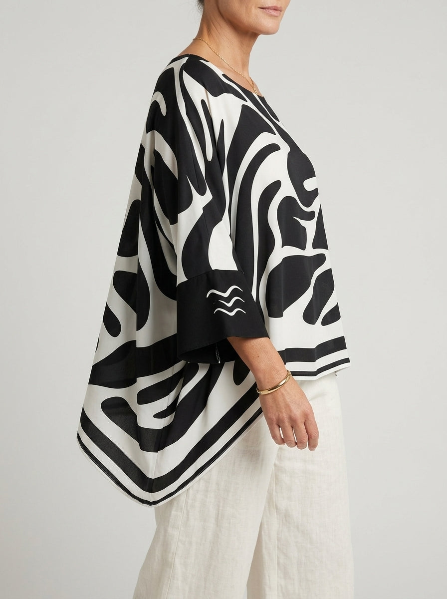 Casual Abstract Swirl Print Asymmetric Hem Top in Black and White - Round Neck Long Sleeve Blouse