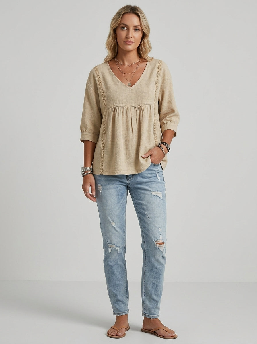 Casual Linen Cotton Lace-Trim Babydoll Blouse in Beige - V-Neck 3/4 Sleeve Top