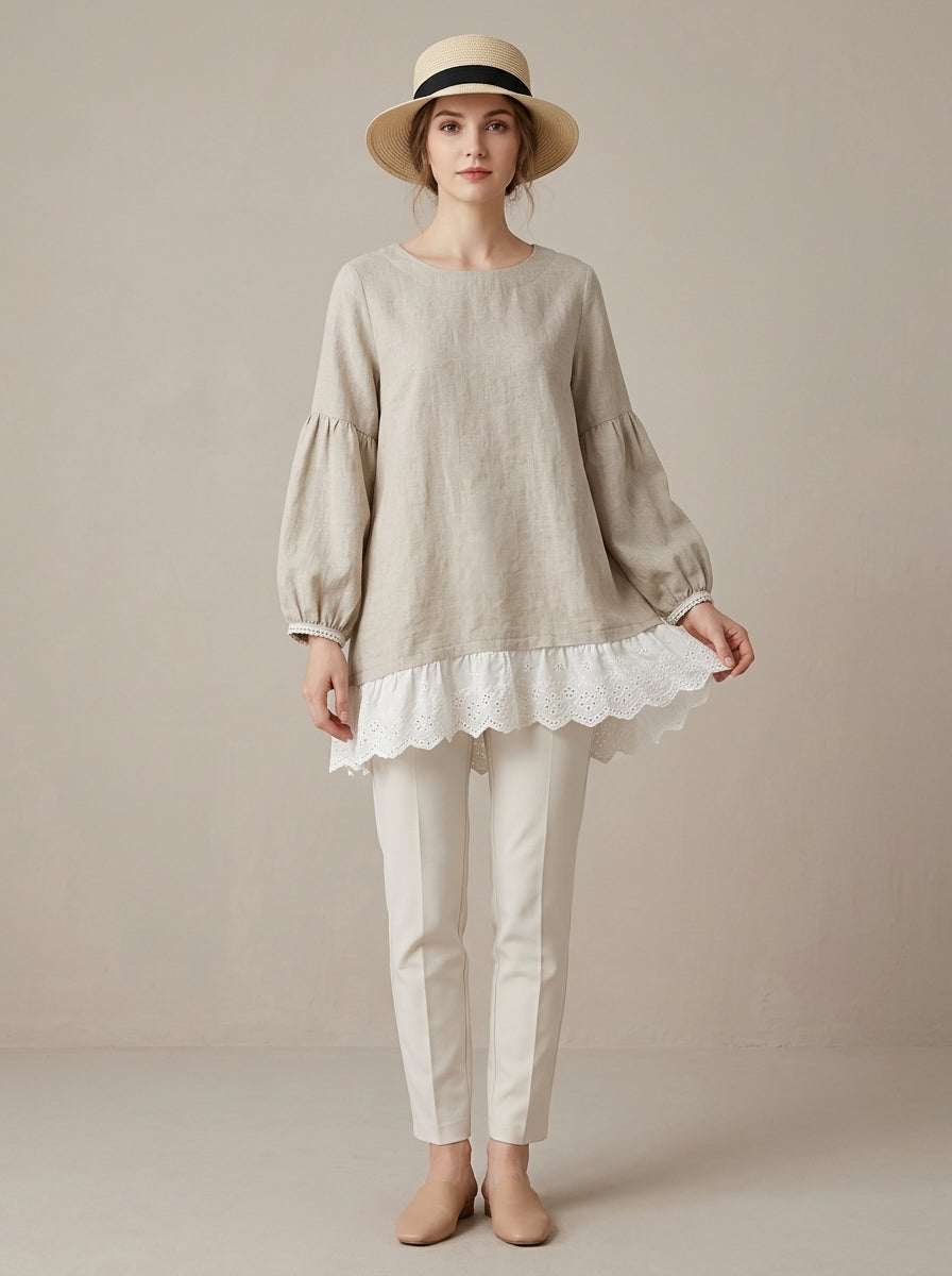 Loose Casual Blouse - Beige Round Neck Lace Ruffle Hem Long Sleeve Top