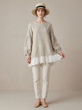 Loose Casual Blouse - Beige Round Neck Lace Ruffle Hem Long Sleeve Top