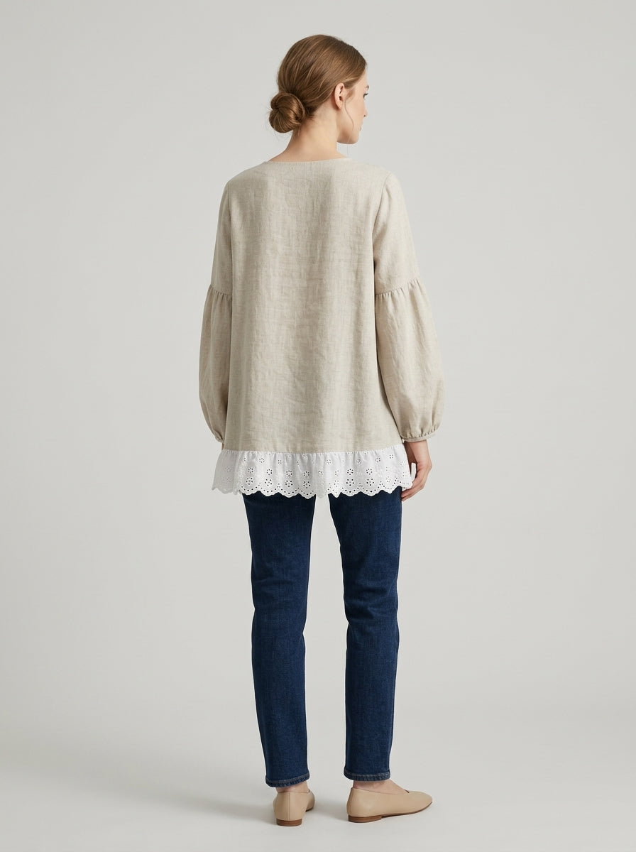 Loose Casual Blouse - Beige Round Neck Lace Ruffle Hem Long Sleeve Top