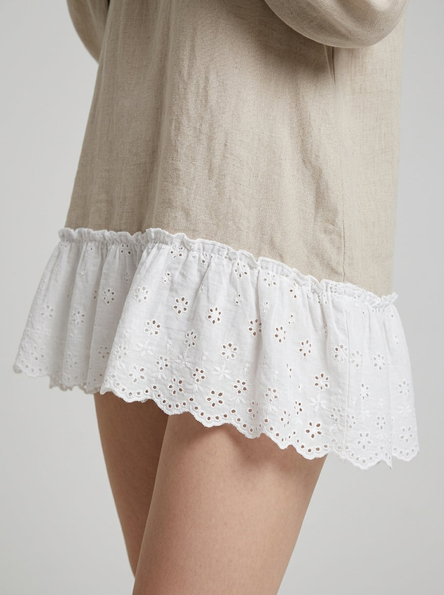Loose Casual Blouse - Beige Round Neck Lace Ruffle Hem Long Sleeve Top