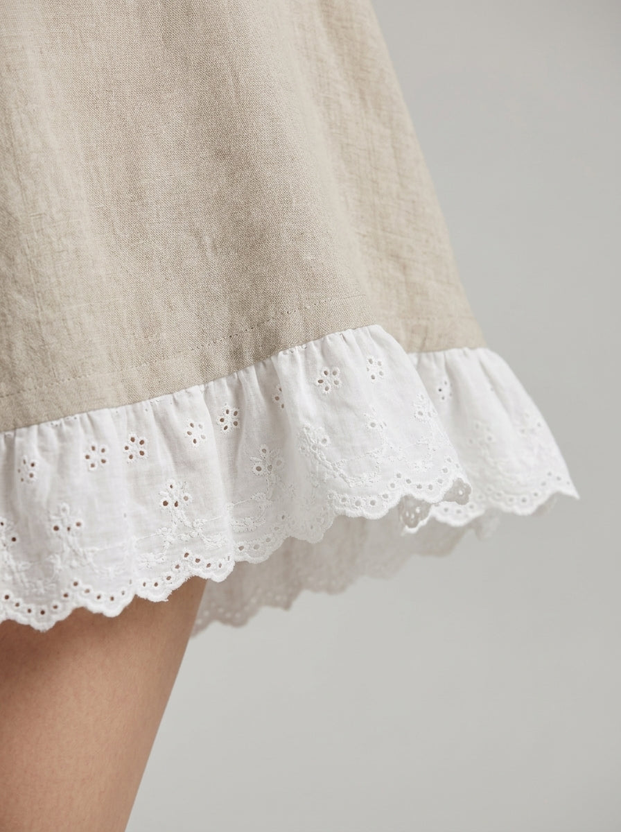 Loose Casual Blouse - Beige Round Neck Lace Ruffle Hem Long Sleeve Top