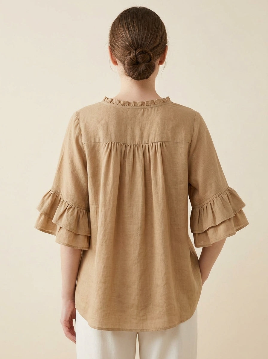 Retro Ruffled Blouse - Beige Round Neck Bell Sleeve Button-Up Top