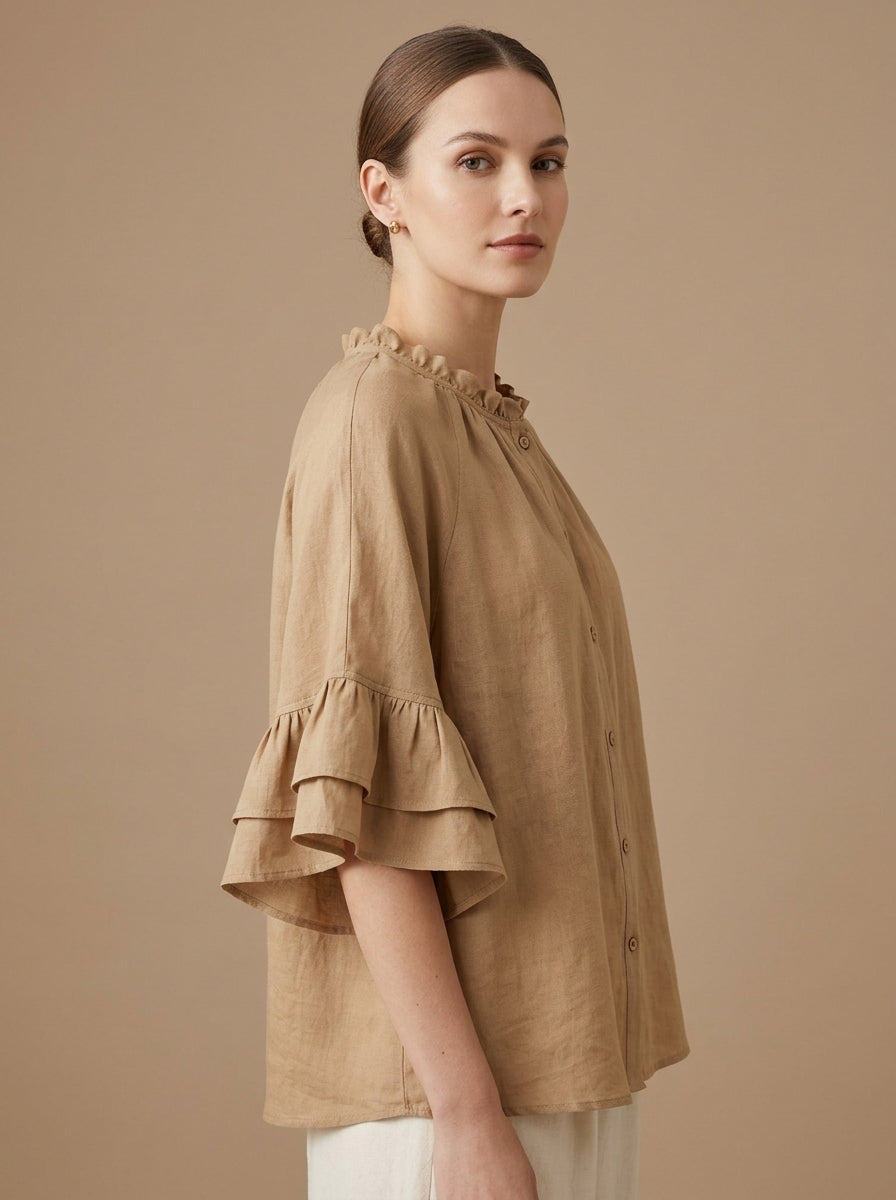 Retro Ruffled Blouse - Beige Round Neck Bell Sleeve Button-Up Top