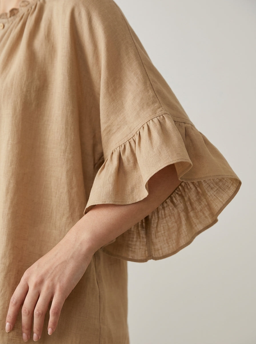 Retro Ruffled Blouse - Beige Round Neck Bell Sleeve Button-Up Top