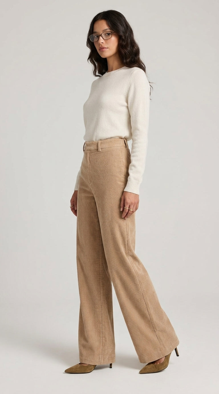 Corduroy Pants in Beige - Wide Leg High-Waisted Corduroy Trousers