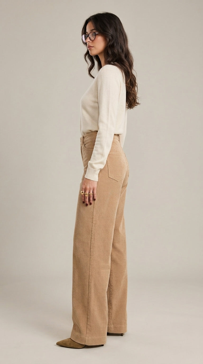 Corduroy Pants in Beige - Wide Leg High-Waisted Corduroy Trousers